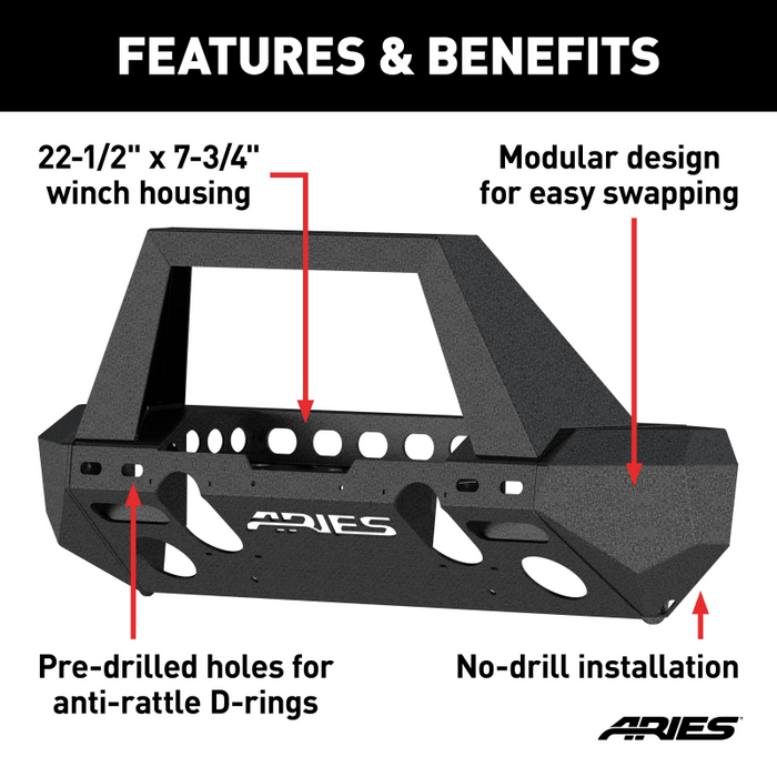 ARIES TrailChaser Jeep Wrangler JL, Gladiator Aluminum Front Bumper (Option 2) Model 2082093