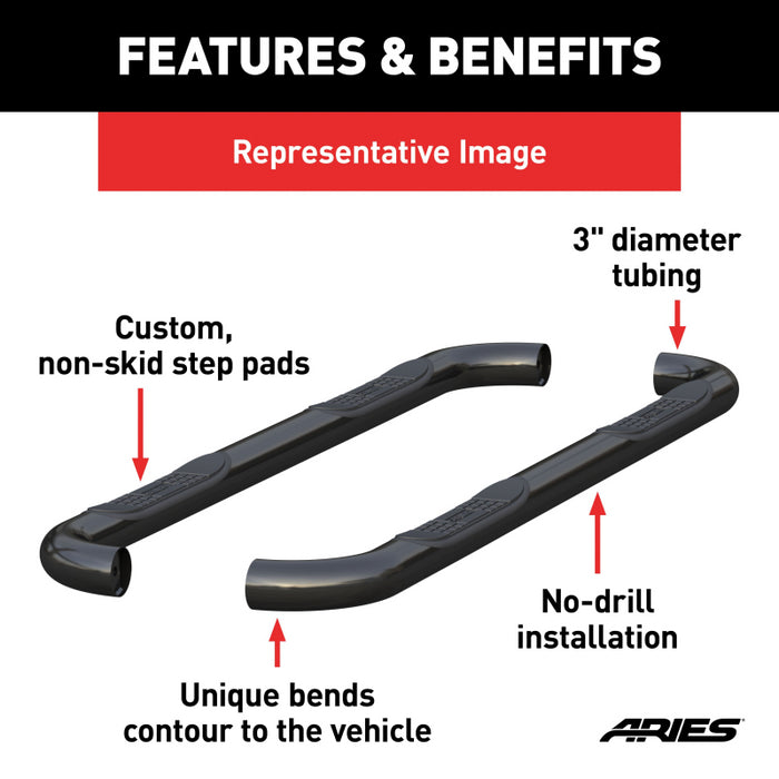 ARIES 3" Round Black Stainless Side Bars, Select Ford Excursion, F-250, F-350 Model 213006