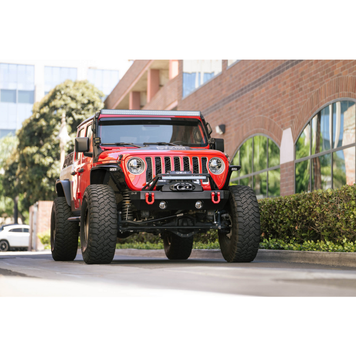 DV8 Offroad 2007-2026 Jeep GladiatorJT Wrangler JK JKU JL JLU Stubby Front Bumper With Plated Bull Bar Model FBJL-06