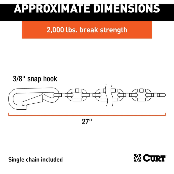 CURT 27-Inch Trailer Safety Chain with 3/8-In Snap Hook, 2,000 lbs Break Strength Model 80312