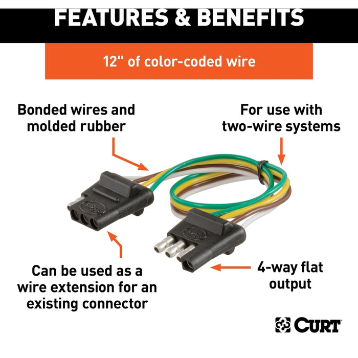 CURT Vehicle-Side and Trailer-Side 4-Pin Flat Wiring Harness with 12-Inch Wires Model 58381