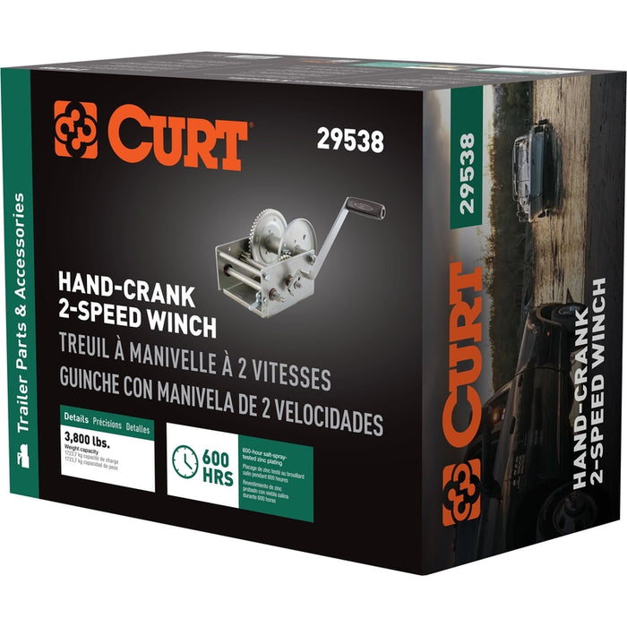 CURT Hand-Crank 2-Speed Winch, 3,800 lbs, 5.1:1 High, 15.8:1 Low Gear Ratio, 9.6" Handle Model 29538