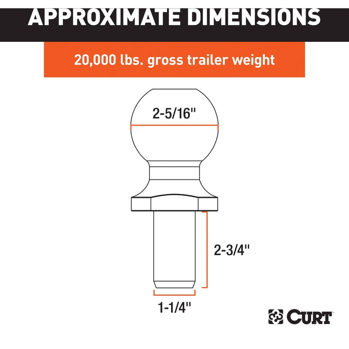CURT Chrome Trailer Hitch Ball, 20,000 lbs, 2-5/16-Inch Diameter, 1-1/4 x 2-3/4-Inch Shank Model 40008