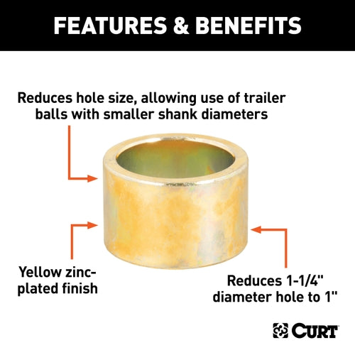 CURT Trailer Hitch Ball Hole Reducer Bushing, Reduces 1-1/4-Inch Diameter to 1-Inch Stem Model 21201