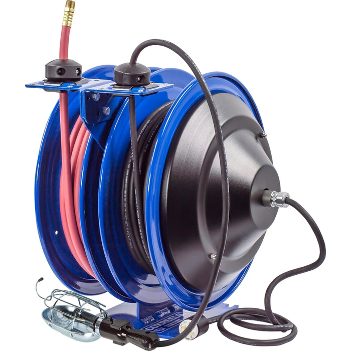 Coxreels Dual C Air-Electric Series Purpose Spring Rewind Reels 3/8 in. x 50 ft. - Incandescent Cage Light - 16 AWG x 50 ft. - 13 Amps 300 PSI Hose Included Model C-L350-5016-E