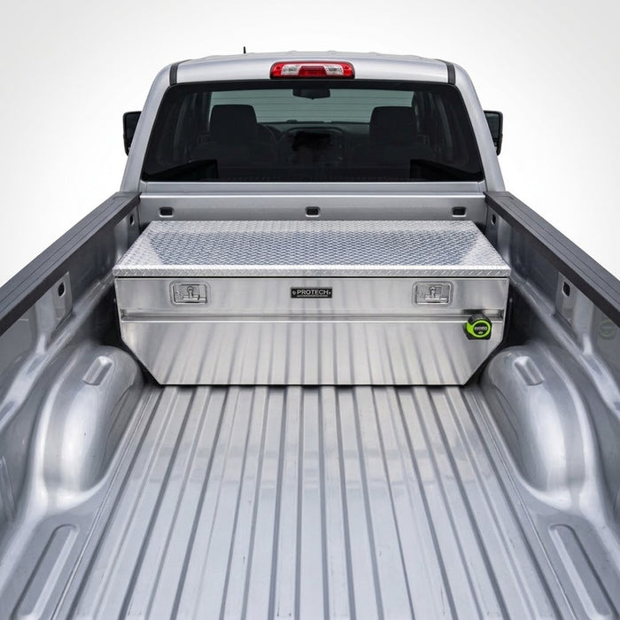 Protech Chest Tool Box - 21X20X62, 20+ Chevy HD 6.5+ Bed Diamond Plate Lid Bright Aluminum Includes Tray Model 54-5420