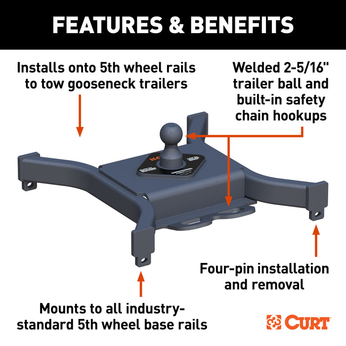 CURT Spyder 5th Wheel to Gooseneck Adapter Hitch, Fits Industry-Standard Rails, 30,000 lbs, 2-5/16-Inch Ball Model 16090