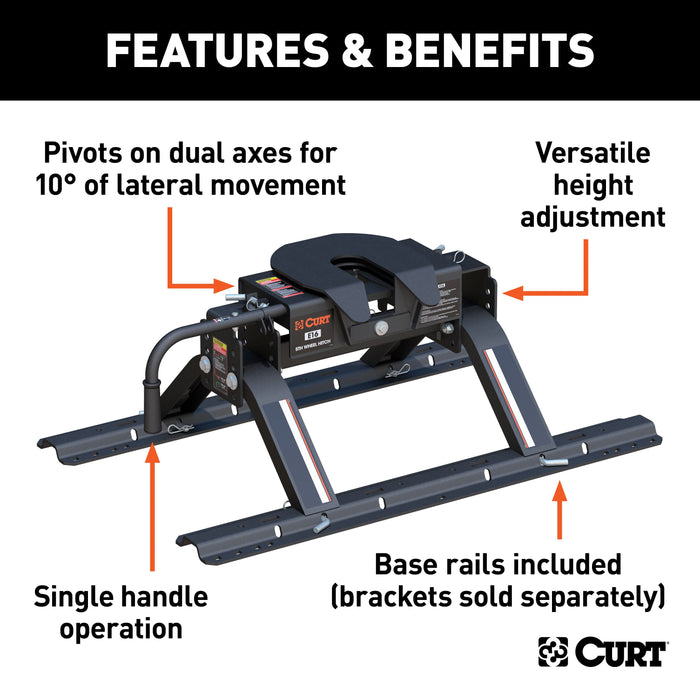 CURT E16 5th Wheel Hitch with Base Rails, 16,000 lbs Model 16116