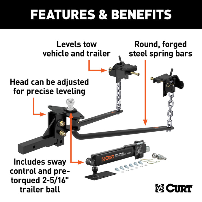 CURT Round Bar Weight Distribution Hitch with Integrated Lubrication and Sway Control, Up to 14K, 2-In Shank, 2-5/16-Inch Ball Model 17063