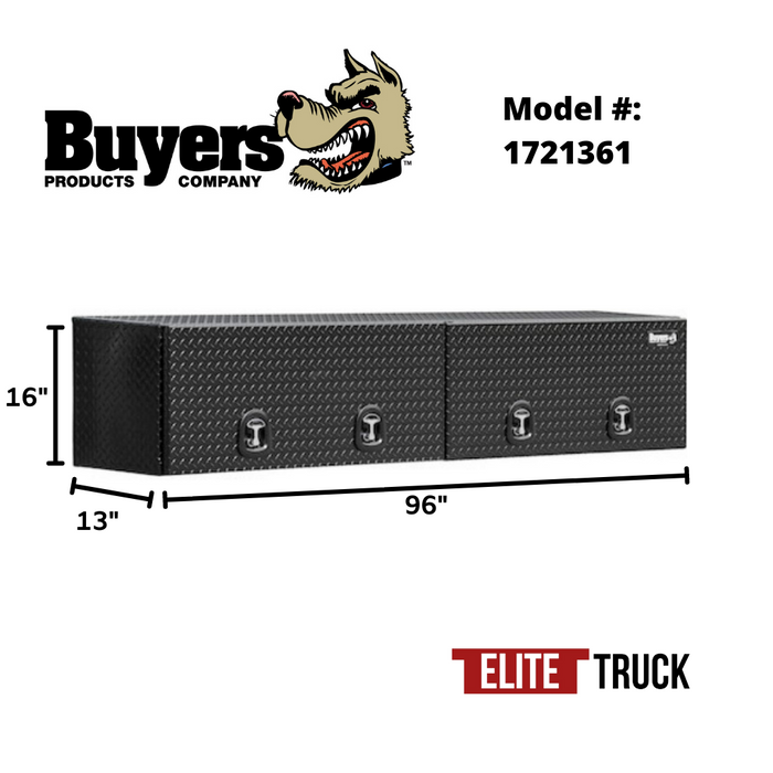 Buyers Products 16x13x96 Gloss Black Diamond Tread Aluminum Top Mount Truck Box with Flip-Up Door 1721361