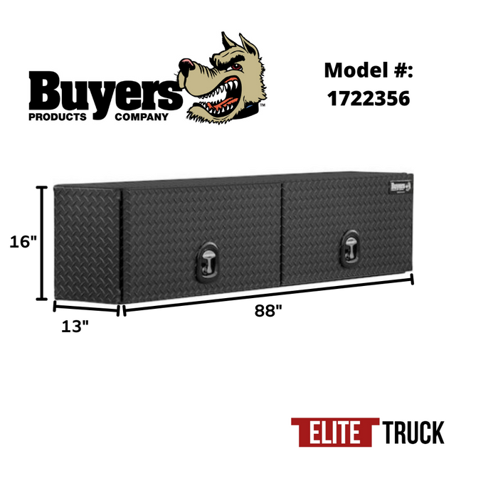 Buyers Products 16x13x88 Textured Matte Black Diamond Tread Aluminum Top Mount Truck Box with Flip-Up Door 1722356