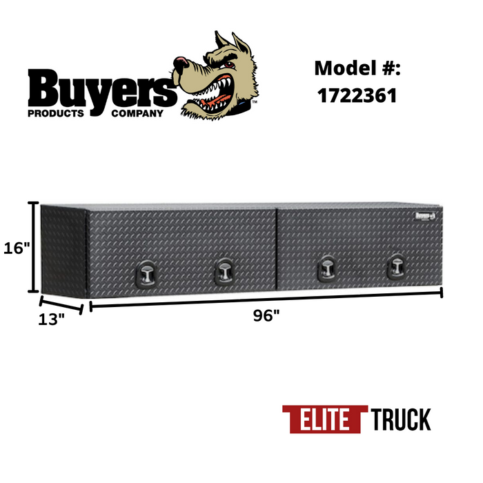 Buyers Products 16x13x96 Textured Matte Black Diamond Tread Aluminum Top Mount Truck Box with Flip-Up Door Model 1722361
