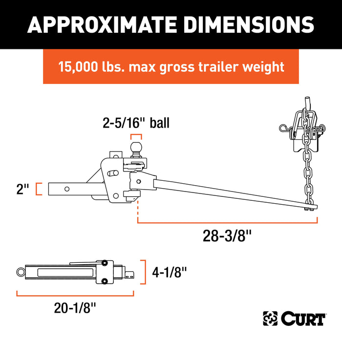CURT Short Trunnion Bar Weight Distribution Hitch with Sway Control, Up to 15K, 2-In Shank, 2-5/16-Inch Ball Model 17422