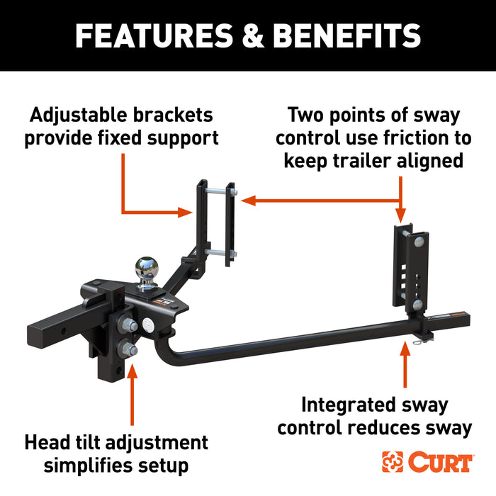 CURT TruTrack 2P Weight Distribution Hitch with 2x Sway Control, Up to 10K, 2-In Shank, 2-5/16-Inch Ball Model 17601