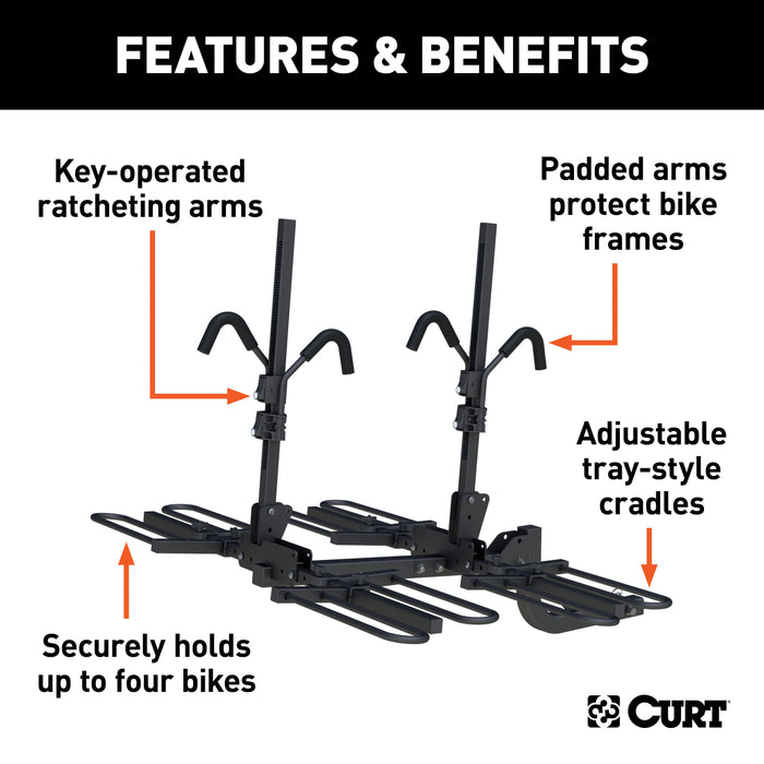 CURT Secure Locking Tray-Style Trailer Hitch Bike Rack Mount, Fits 2-Inch Receiver, 4 Bicycles Model 18087