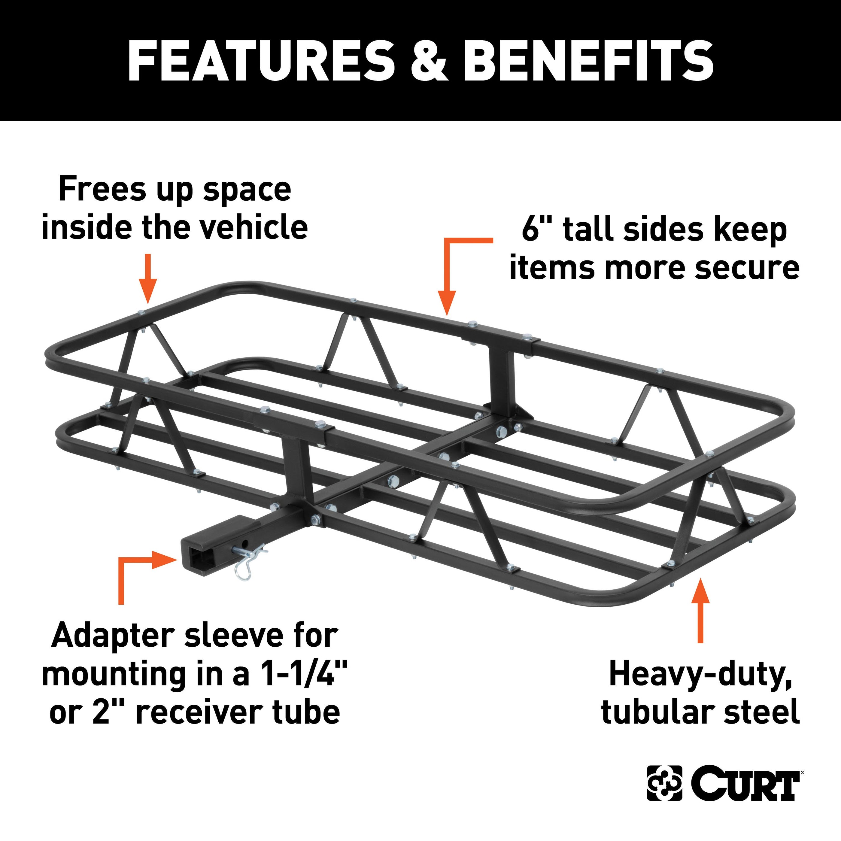 CURT 48 x 20Inch Basket Hitch Cargo Carrier, 500 lbs Capacity, Black