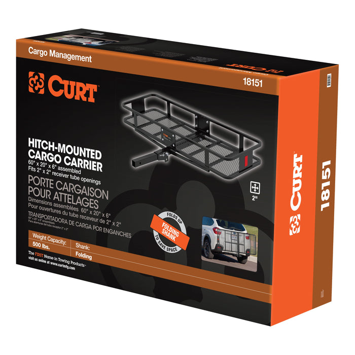 CURT 60 x 20-Inch Basket Hitch Cargo Carrier, 500 lbs Capacity, Black Steel, 2-In Folding Shank Model 18151