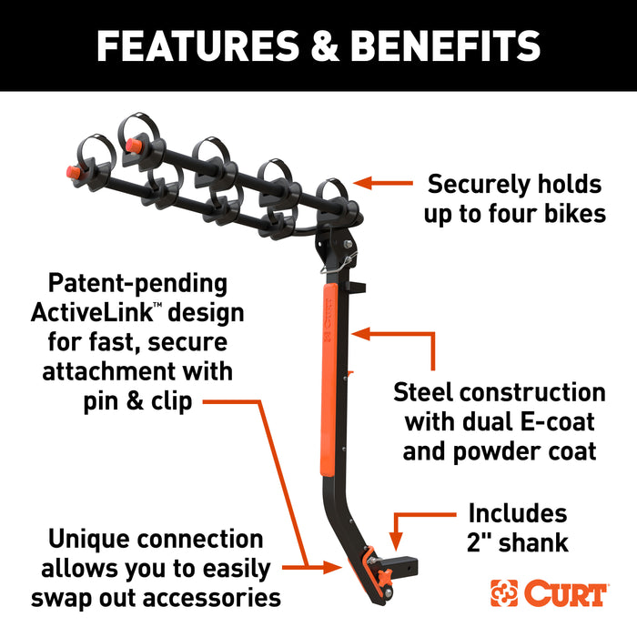 CURT ActiveLink SE Hitch-Mounted Bike Rack, 4 Bikes, 2" Shank Model 18411