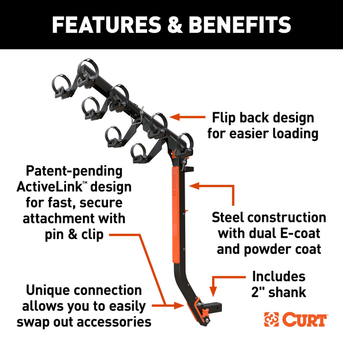 CURT ActiveLink Ultra Hitch-Mounted Bike Rack, 2 or 4 Bikes, 2" Shank Model 18412