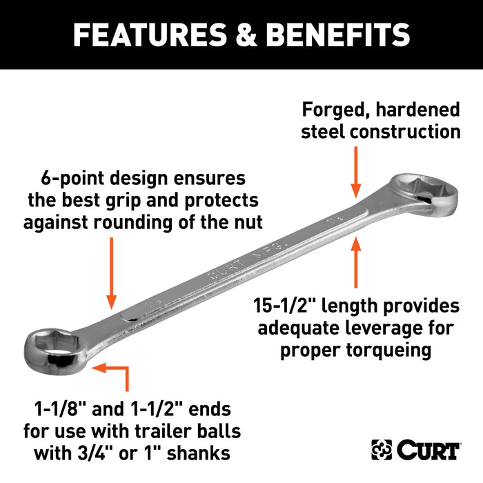 CURT Box End Wrench, 1-1/8, 1-1/2-Inch Openings, Torque Trailer Hitch Balls with 3/4 or 1-Inch Diameter Shank Model 20001