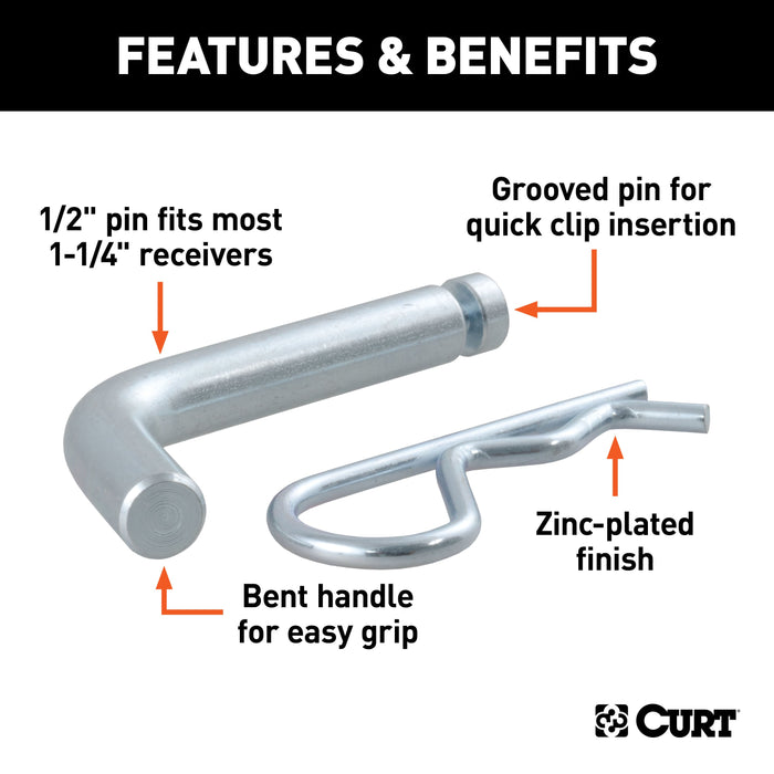 CURT Trailer Hitch Pin & Clip with Grooved Head, 1/2-Inch Diameter, Fits 1-1/4-Inch Receiver Model 21403