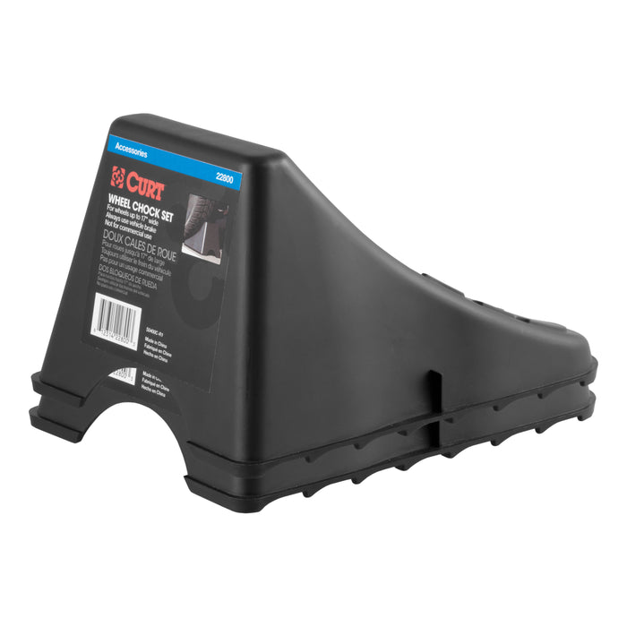 CURT Black Plastic Wheel Chocks, Vehicle, Trailer, Truck, RV, 2-Pack Model 22800