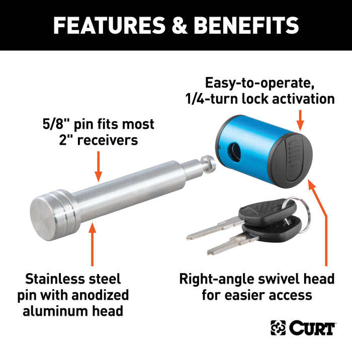 CURT Right-Angle Stainless Steel Trailer Hitch Lock, 5/8-Inch Pin Diameter, Fits 2-Inch Receiver Model 23502