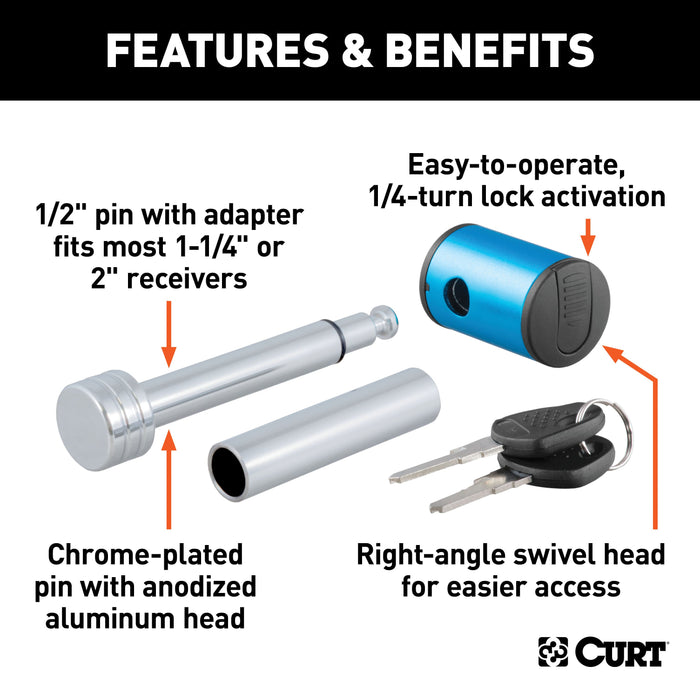 CURT Right-Angle Trailer Hitch Lock, 1/2-Inch Pin Diameter, 5/8-Inch Adapter, Fits 1-1/4 or 2-Inch Receiver Model 23506