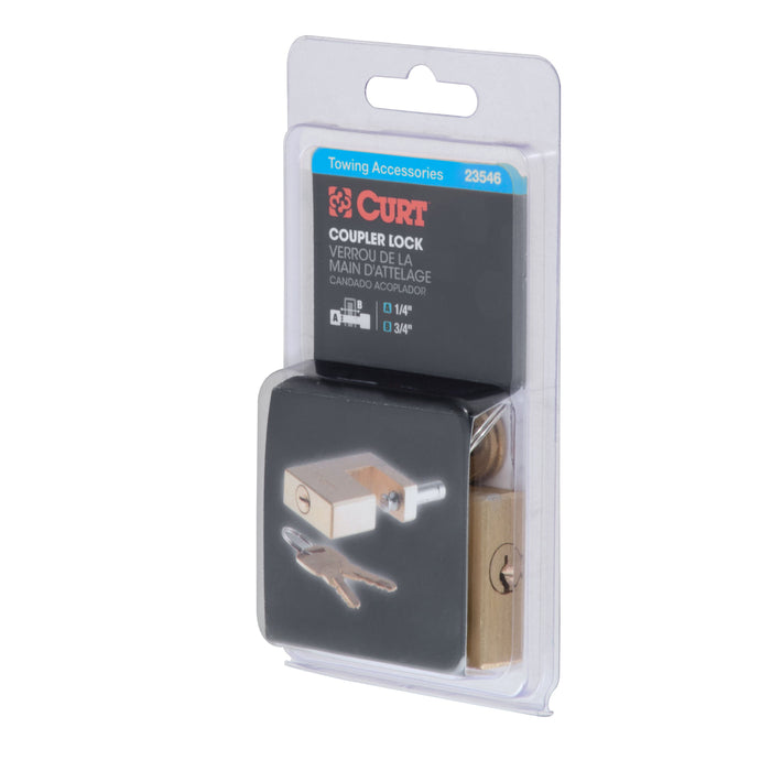 CURT Brass Trailer Tongue Coupler Lock, 1/4-Inch Pin Diameter, Up to 3/4-Inch Span Model 23546