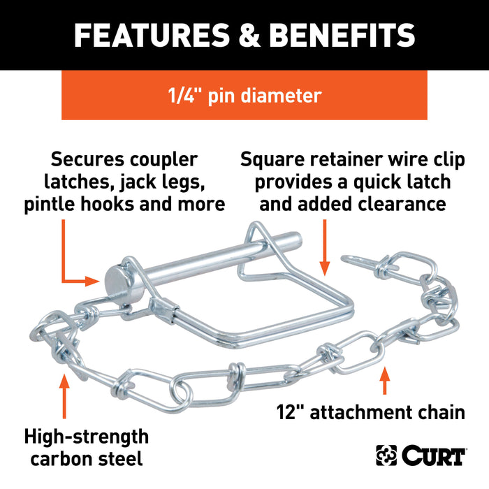CURT Trailer Coupler Pin with 12-Inch Chain, 1/4-Inch Diameter x 2-3/4-Inch Long Model 25012
