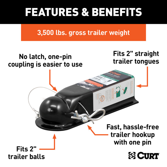 CURT QuickPin No-Latch Trailer Coupler for 2-Inch Hitch Ball, 2-In Channel, 3,500 lbs Model 25470