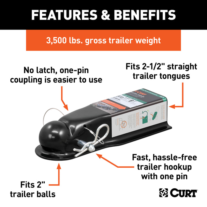 CURT QuickPin No-Latch Trailer Coupler for 2-Inch Hitch Ball, 2-1/2-In Channel, 3,500 lbs Model 25471