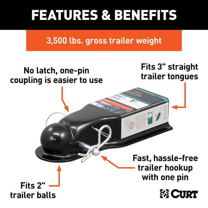 CURT QuickPin No-Latch Trailer Coupler for 2-Inch Hitch Ball, 3-In Channel, 3,500 lbs Model 25472