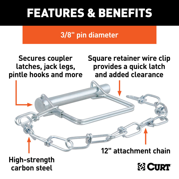 CURT Trailer Coupler Pin with 12-Inch Chain, 3/8-Inch Diameter x 2-3/4-Inch Long Model 28001