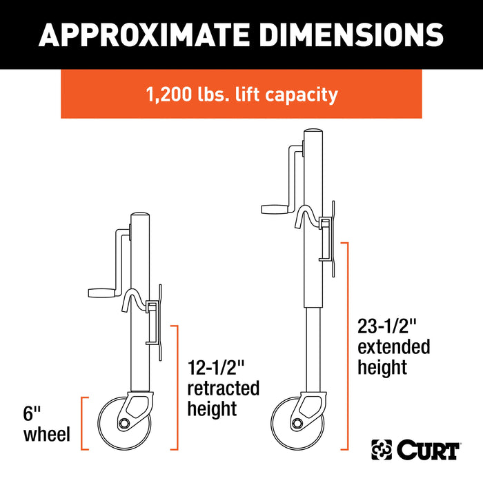 CURT Marine Boat Trailer Jack with 6-Inch Wheel, 1,200 lbs. Support Capacity, 11 Inches Vertical Travel Model 28112