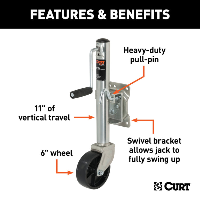 CURT Marine Boat Trailer Jack with 6-Inch Wheel, 1,200 lbs. Support Capacity, 11 Inches Vertical Travel Model 28112