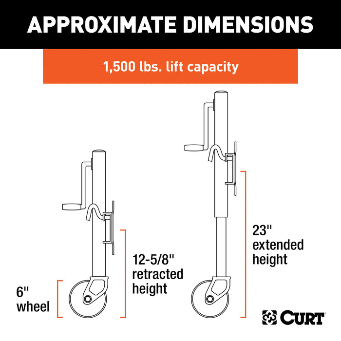 CURT Marine Boat Trailer Jack with 6-Inch Wheels, 1,500 lbs. Support Capacity, 10-3/8 Inches Vertical Travel Model 28155