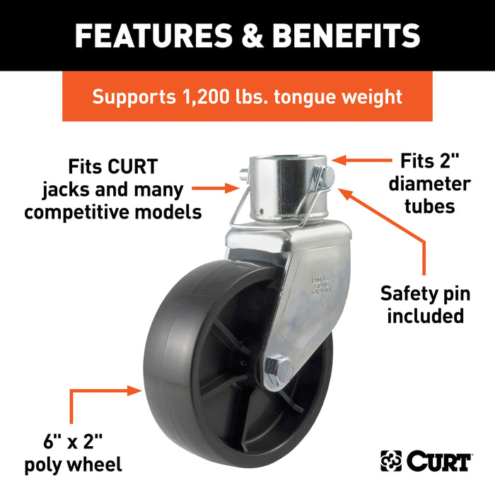 CURT 6-Inch Caster Trailer Jack Wheel Replacement, Fits 2-In Tube, 1,200 lbs Model 28277