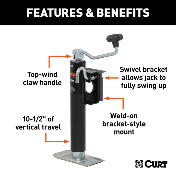 CURT Weld-On Bracket-Style Swivel Trailer Jack, 3,000 lbs. Support Capacity, 10-1/2 Inches Vertical Travel Model 28300