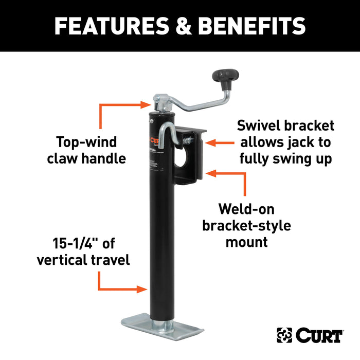 CURT Weld-On Bracket-Style Swivel Trailer Jack, 3,000 lbs. Support Capacity, 15-1/4 Inches Vertical Travel Model 28304