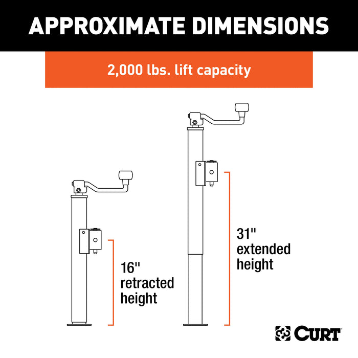 CURT Weld-On Pipe-Mount Swivel Trailer Jack, 2,000 lbs. 15 Inches Vertical Travel Model 28323