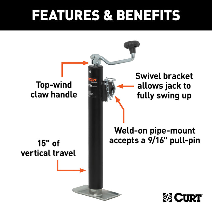 CURT Weld-On Pipe-Mount Swivel Trailer Jack, 2,000 lbs. 15 Inches Vertical Travel Model 28323