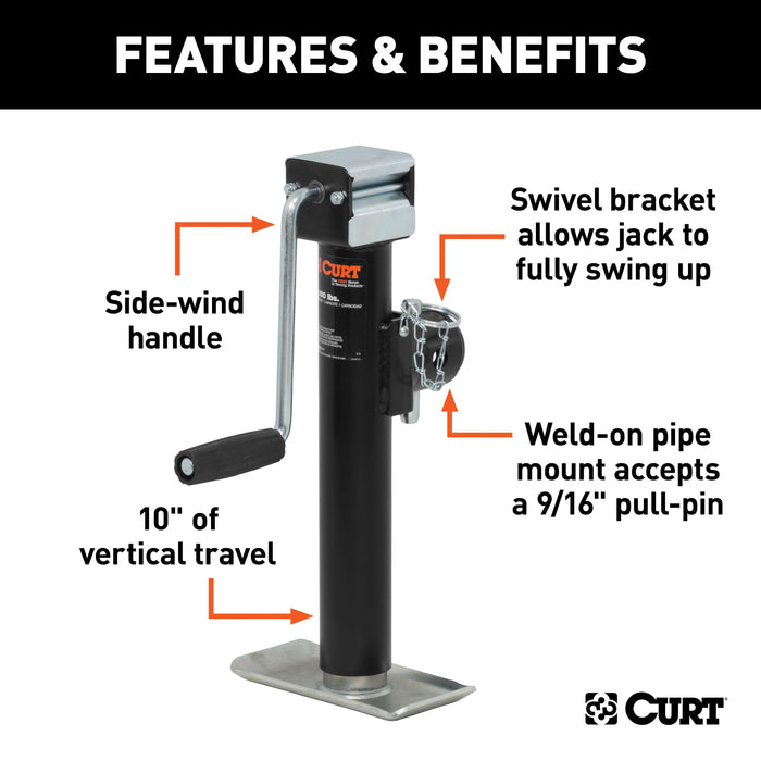CURT Weld-On Pipe-Mount Swivel Trailer Jack, 5,000 lbs. Support Capacity, 10 Inches Vertical Travel Model 28354