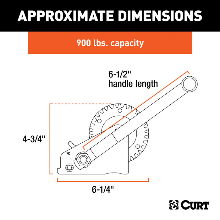CURT Manual Hand Crank Boat Trailer Winch, 900 lbs Capacity, 6-1/2-Inch Handle, 3.25:1 Gear Ratio Model 29423