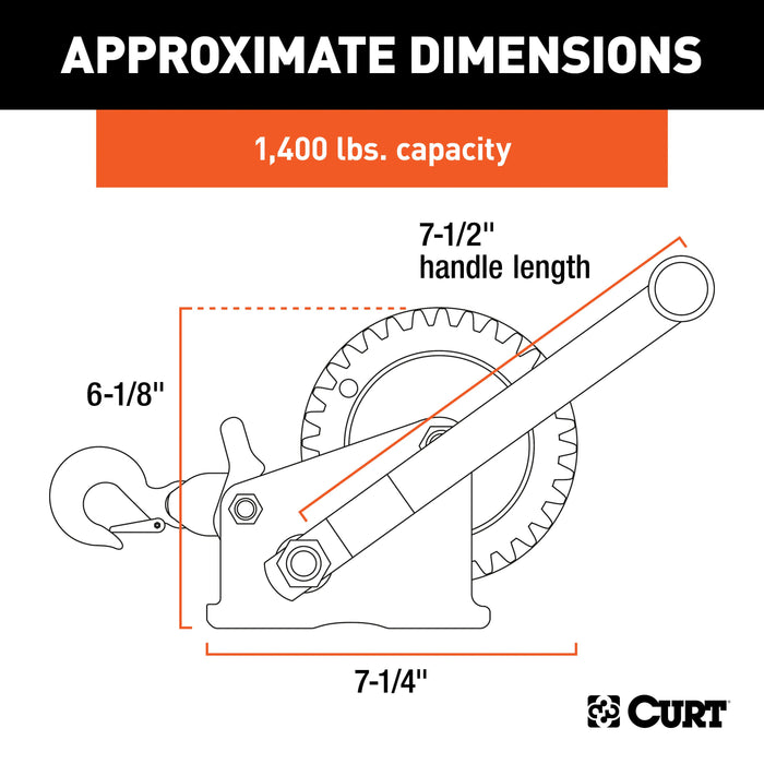 CURT Manual Hand Crank Boat Trailer Winch, 1,400 lbs Capacity, 7-1/2" Handle, 4.2:1 Gear Ratio, 20' Strap Model 29435