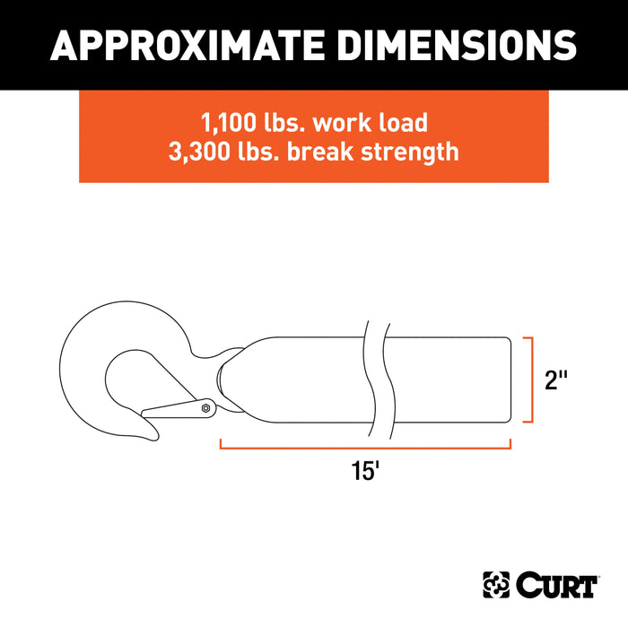 CURT 2-Inch x 15-Foot Nylon Winch Strap with Hook, 3,300 lbs Model 29450