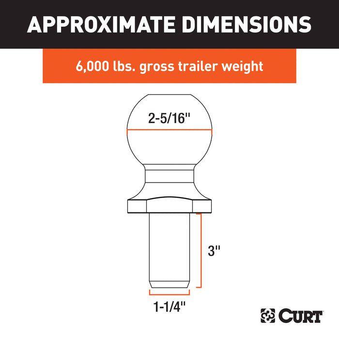 CURT Chrome Trailer Hitch Ball, 6,000 lbs, 2-5/16-Inch Diameter, 1-1/4 x 3-Inch Shank Model 40022