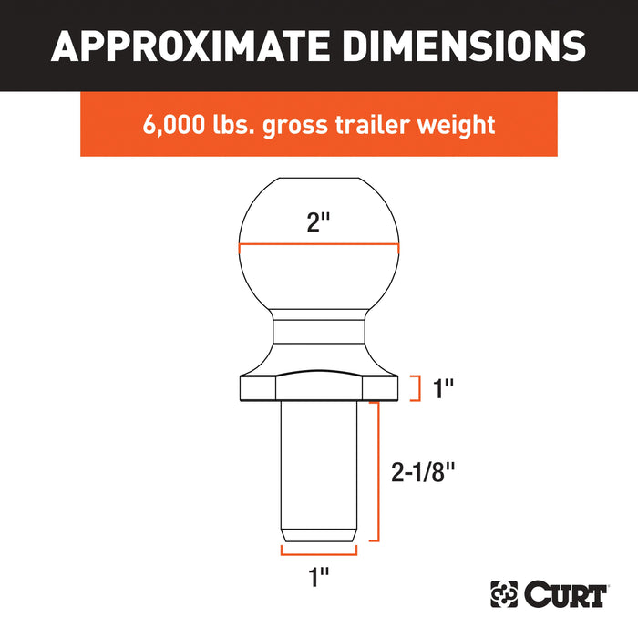CURT Chrome Trailer Hitch Ball, 6,000 lbs, 1-Inch Rise, 2-Inch Diameter, 1 x 2-1/8-Inch Shank Model 40033