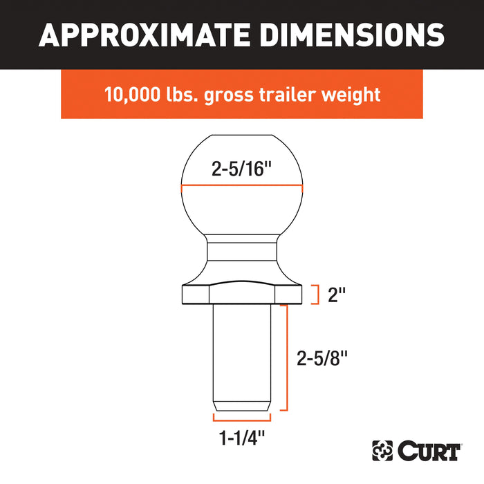 CURT Chrome Trailer Hitch Ball, 10,000 lbs, 2-Inch Rise, 2-5/16-Inch Diameter, 1-1/4 x 2-5/8-Inch Shank Model 40036