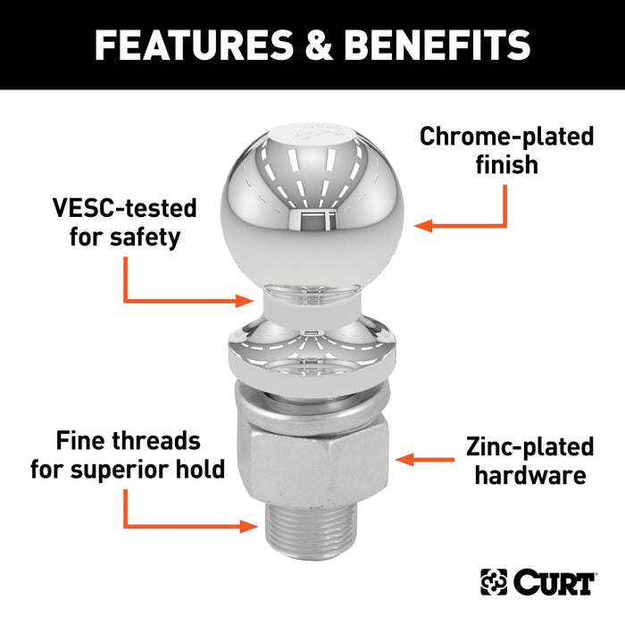 CURT Chrome Trailer Hitch Ball, 10,000 lbs, 2-Inch Rise, 2-5/16-Inch Diameter, 1-1/4 x 2-5/8-Inch Shank Model 40036